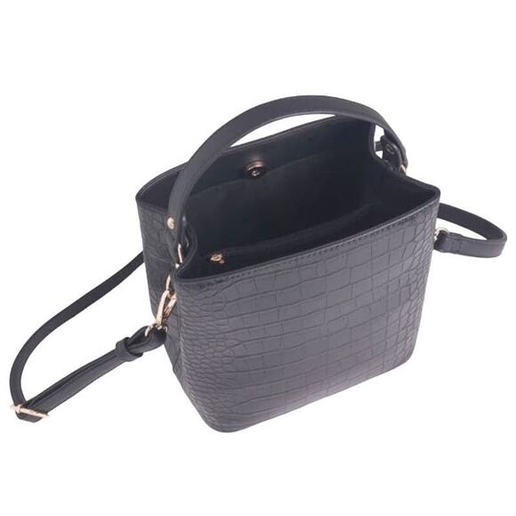 AOTA Elena Black Bucket Croc-Embossed Convertible Hand Crossbody Vegan Bag NEW - Picture 4 of 7